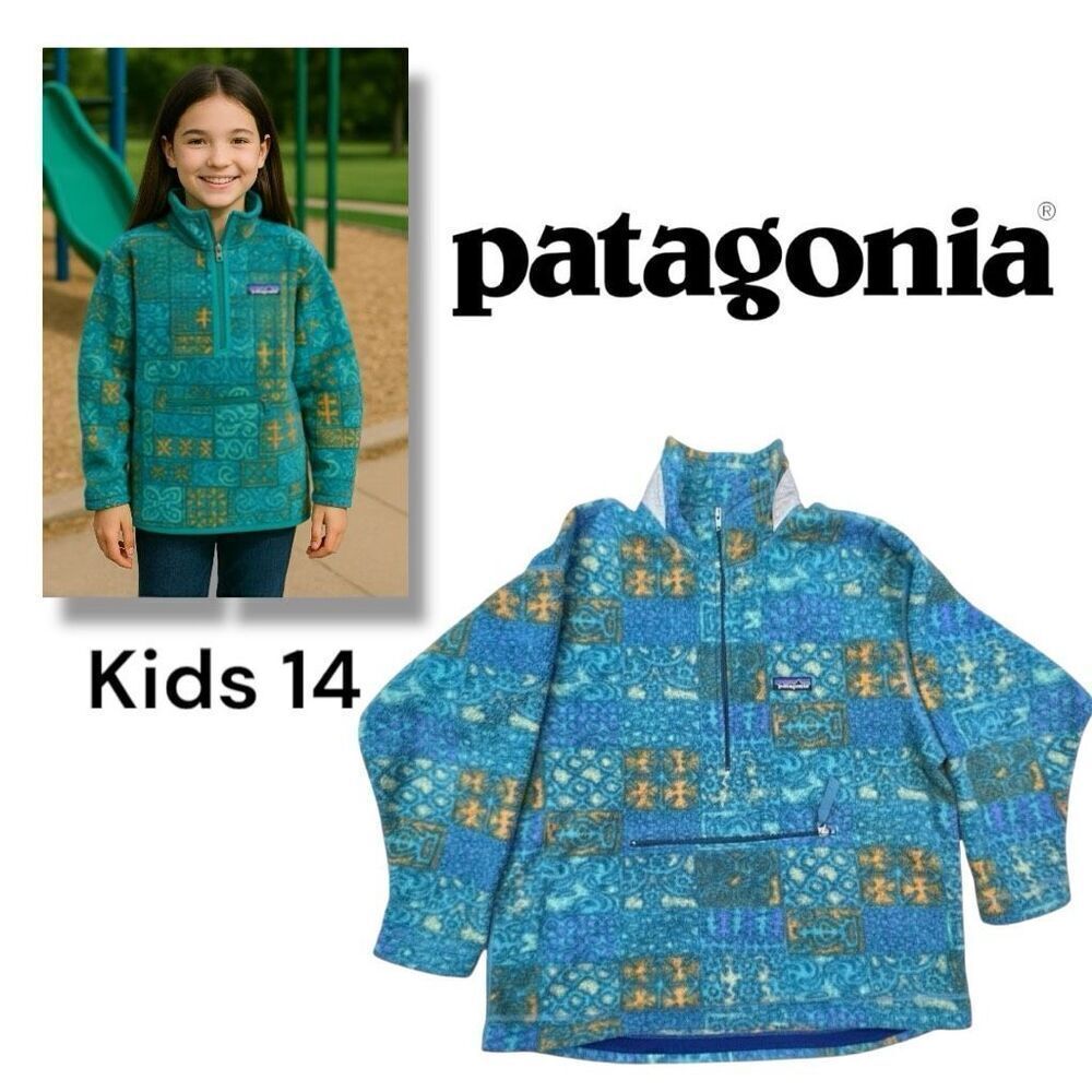 Patagonia Sweater Kids Printed Half Zip Mock Neck Fleece Synchilla Blue Sz 14